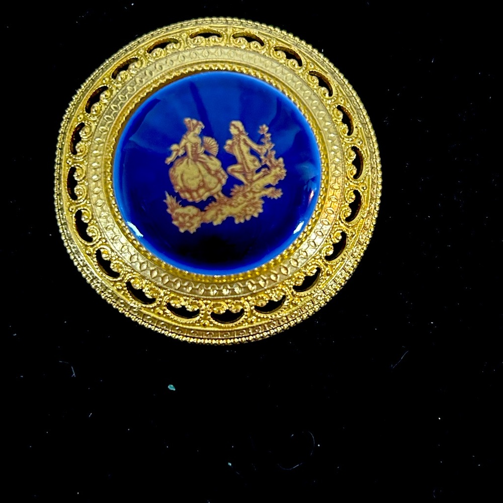 Vintage Limoges porcelain cobalt blue brooch